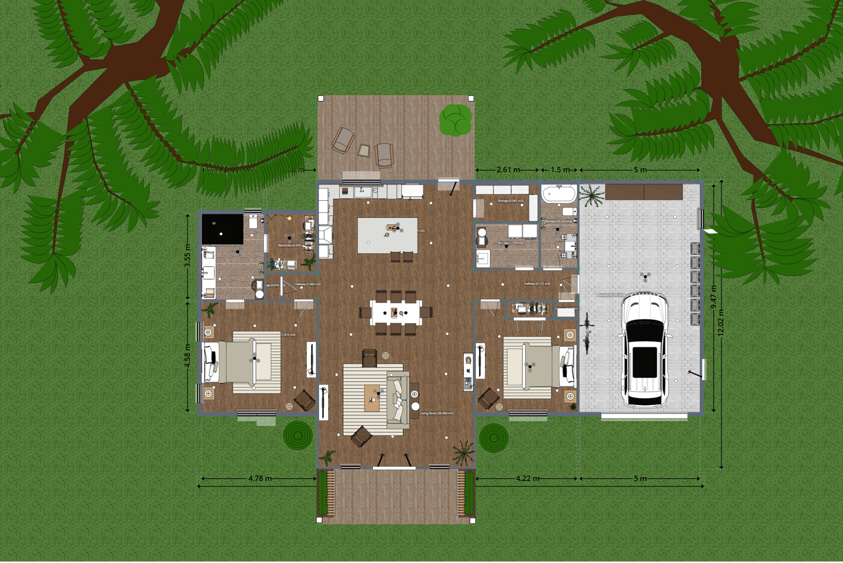 Blueprints - Bohemian Ranch House Plan — 2 Bedrooms, 2 Baths, 1-Car Garage, 2,130 sq ft