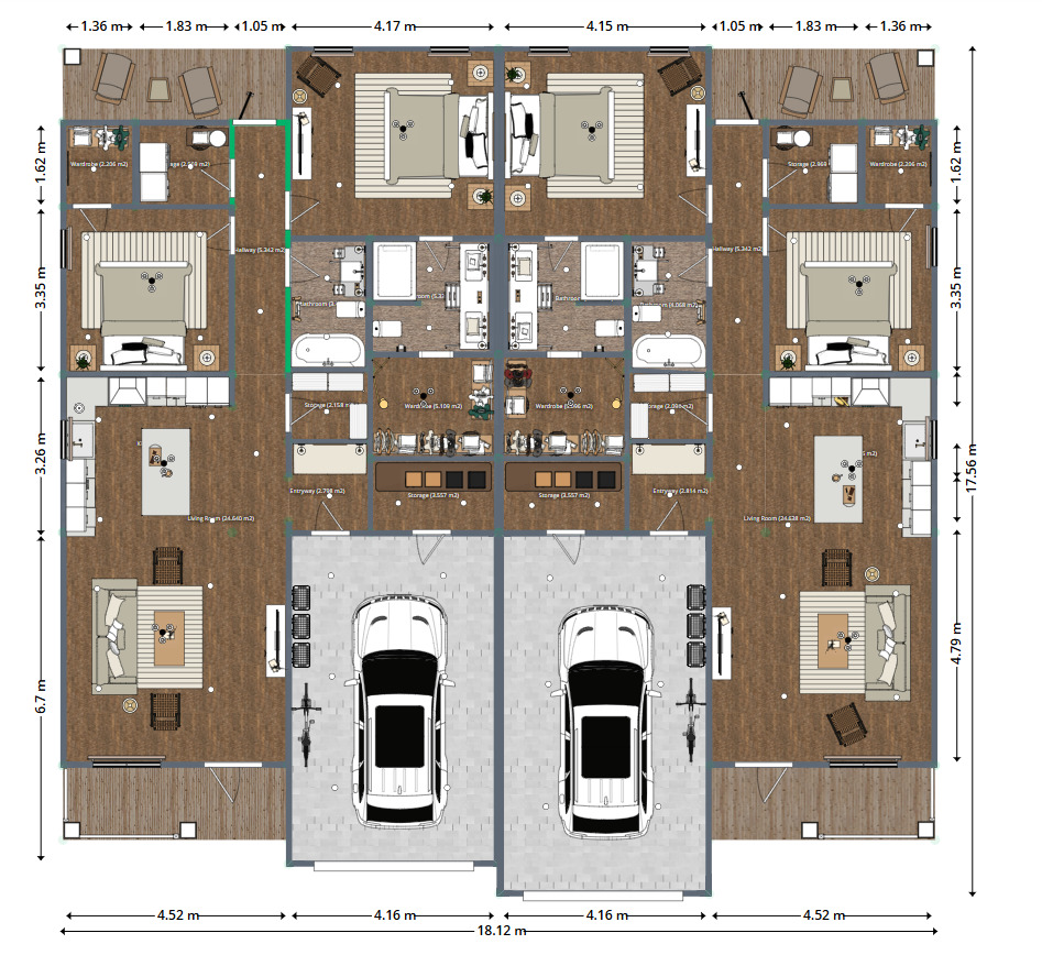 Blueprints - Side-by-Side Duplex House Plan — 4 Bedrooms, 4 Baths, 2691 sq ft (250 m²), Dual Garages