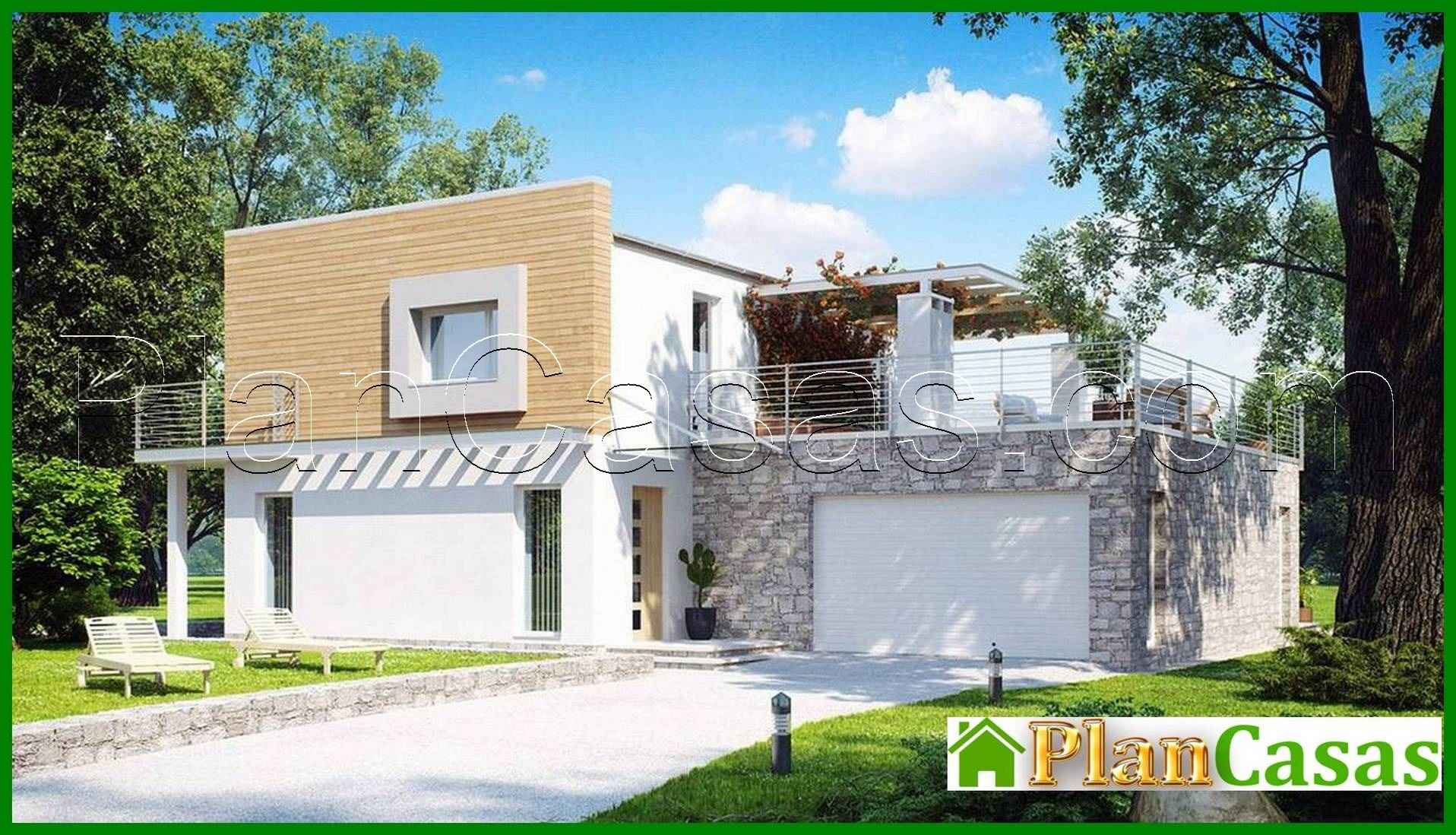 Project of a modern house with a terrace above the garage house plan