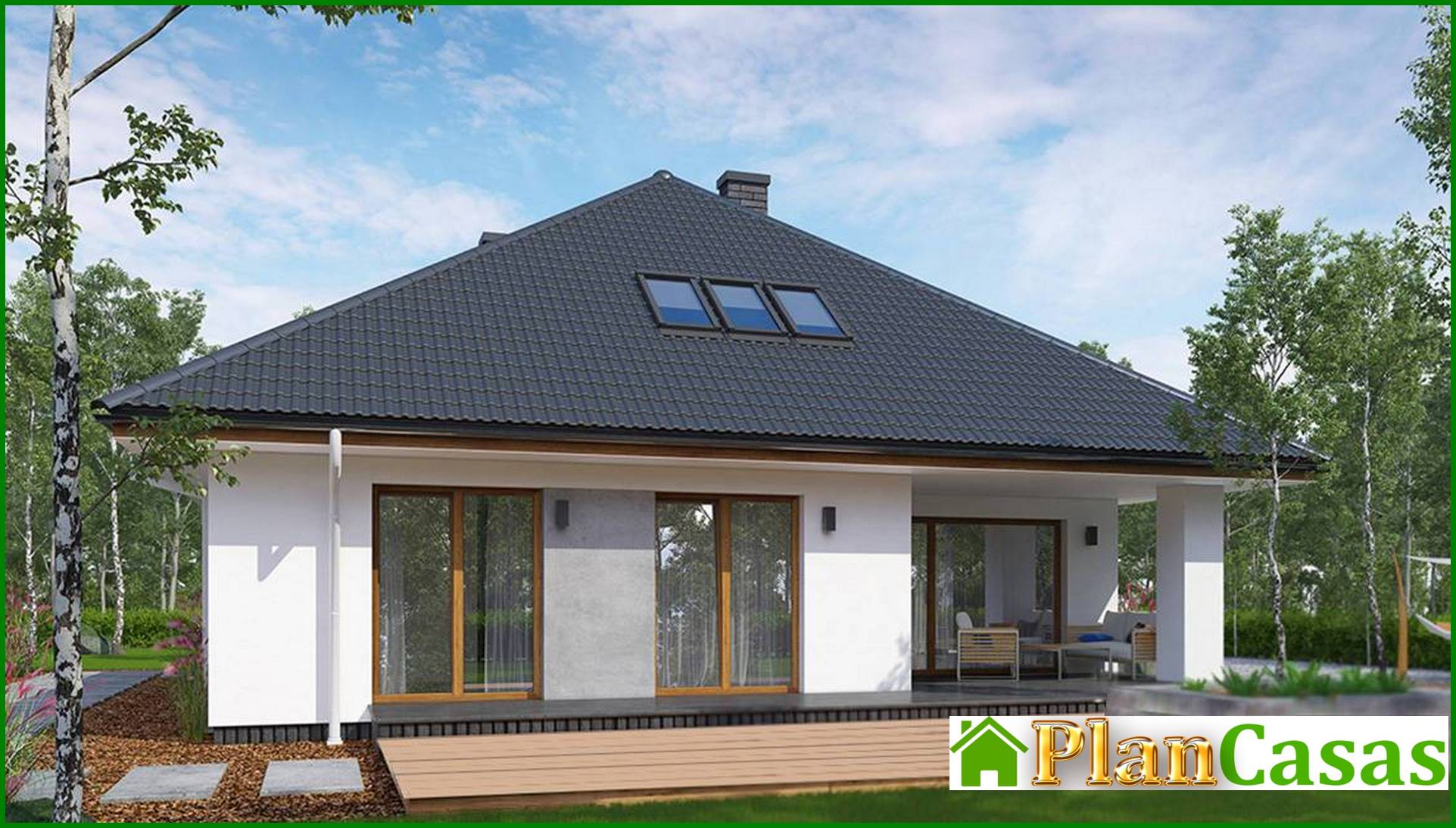 One-storey cottage with access from the living room to the veranda house plan