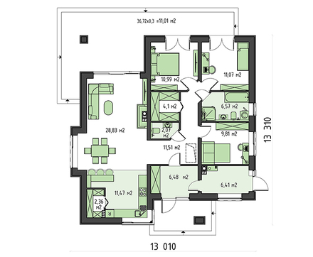 Visualization gallery - One-storey cottage with access from the living room to the veranda