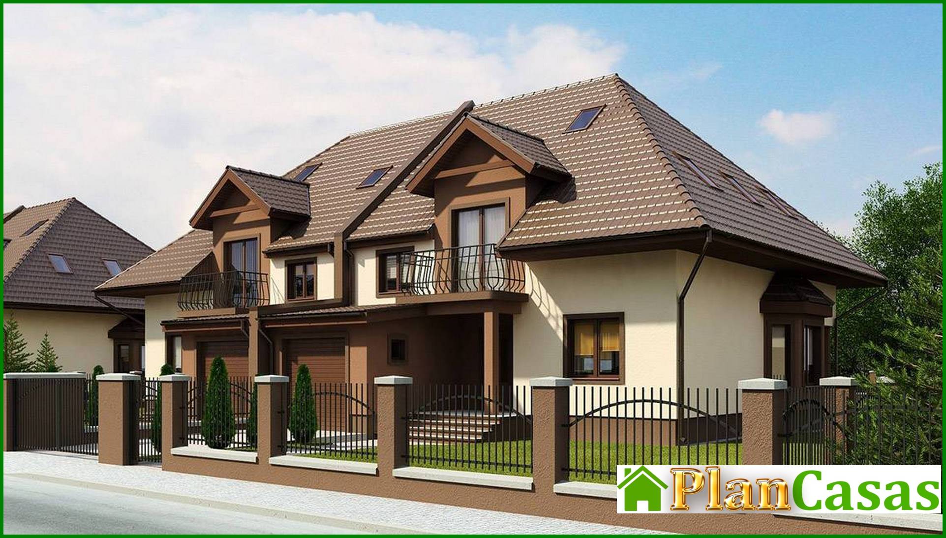 The project of a cottage for two families with a garage and an attic house plan