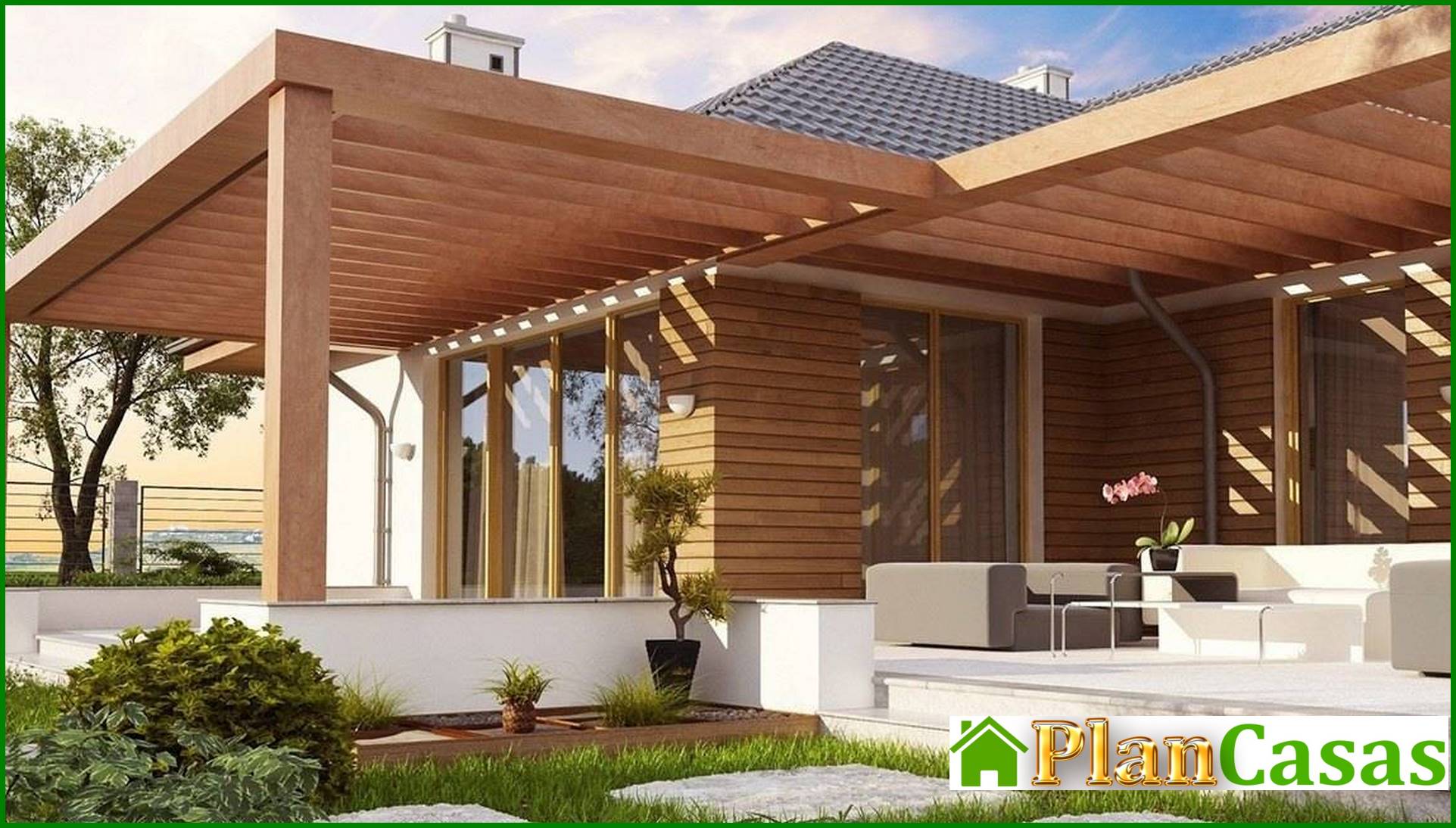 Visualization gallery - The project of a one-story cottage with a frontal garage for two cars