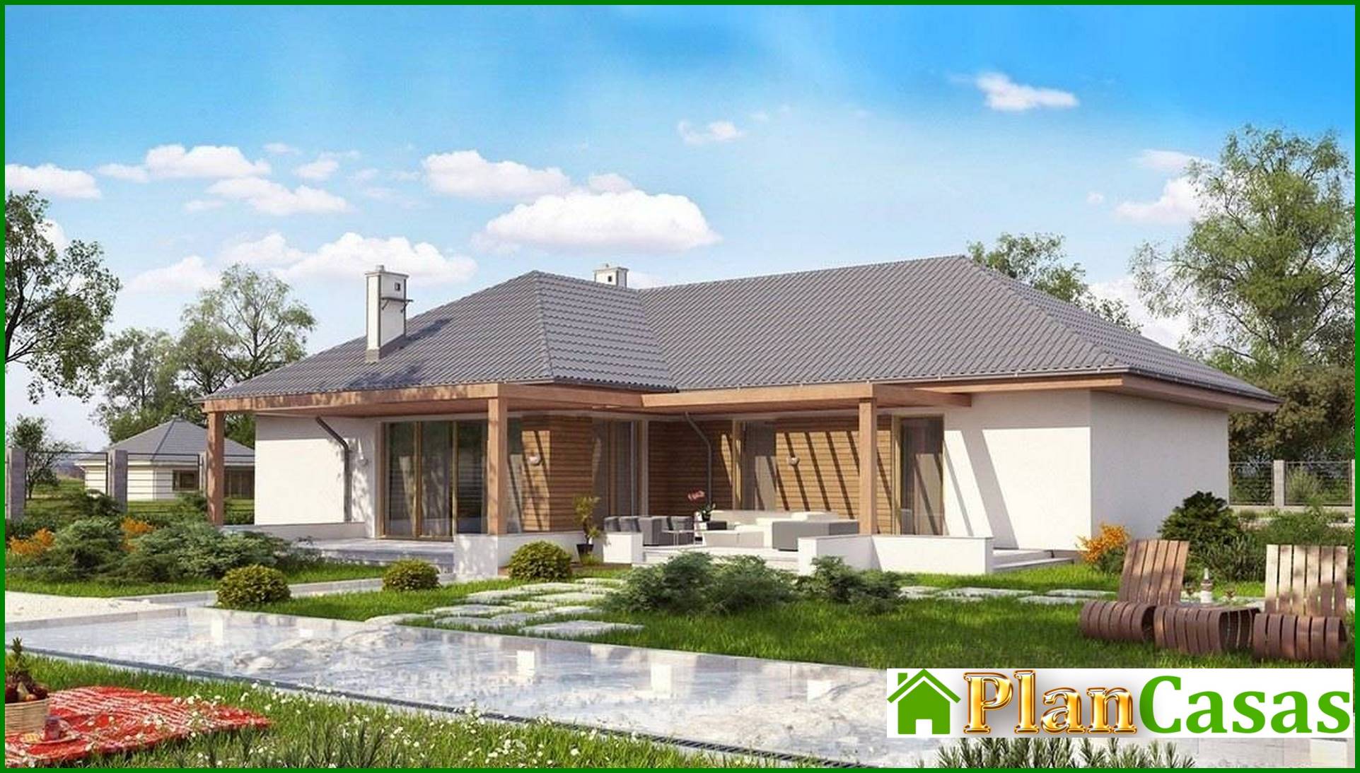 Visualization gallery - The project of a one-story cottage with a frontal garage for two cars