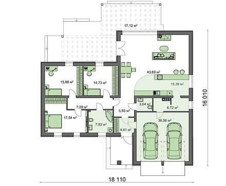 Visualization gallery - The project of a one-story cottage with a frontal garage for two cars