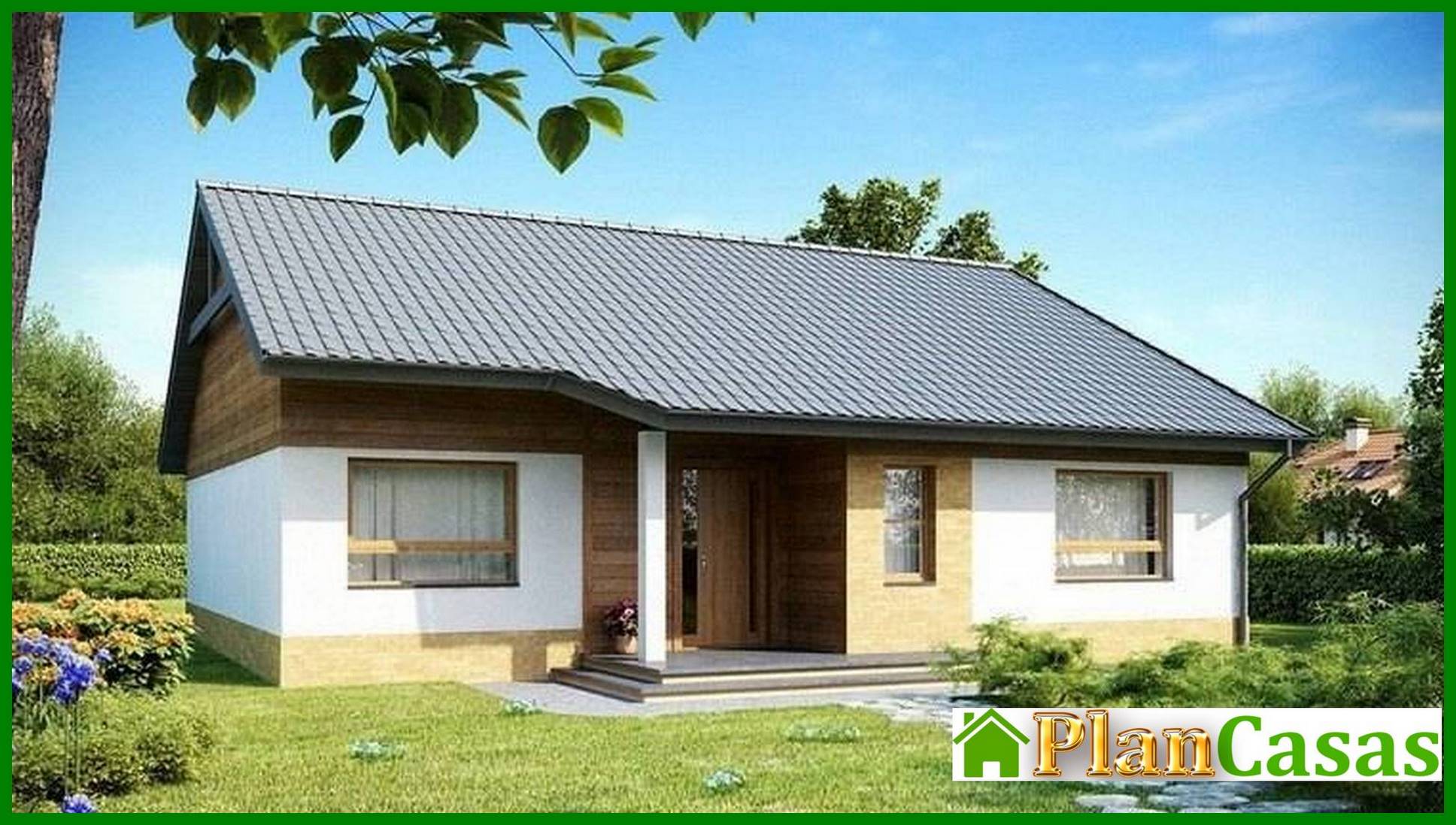 The project of a one-story cottage with three bedrooms and a gable roof house plan