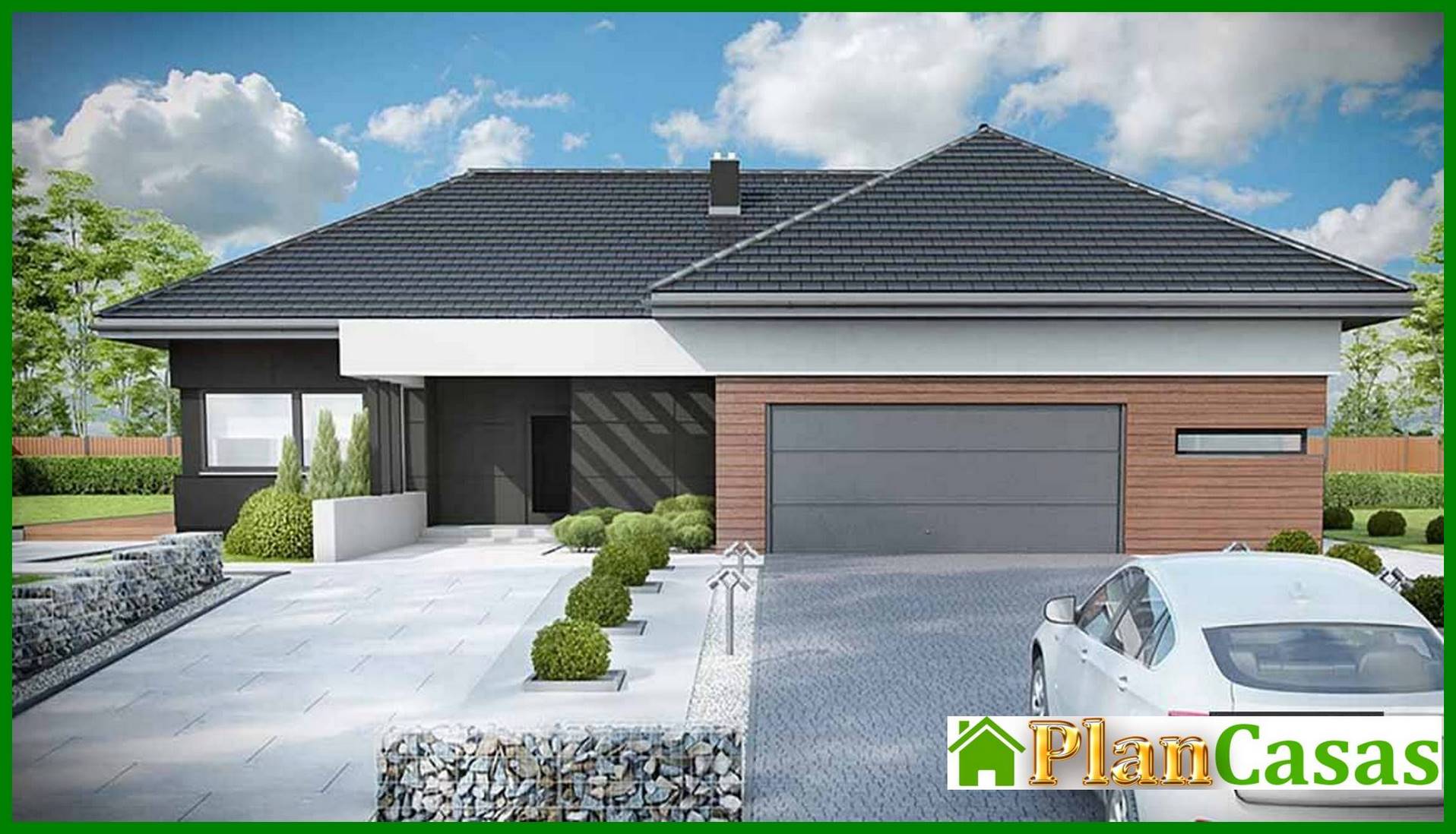 Modern one-story mansion with a garage for two cars house plan