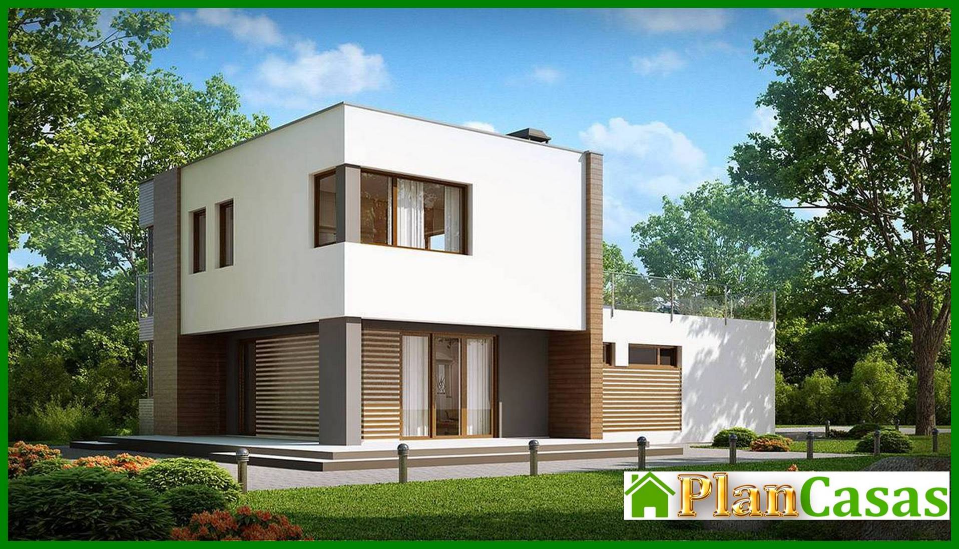 The project of a two-story modernist house with a terrace above the garage house plan