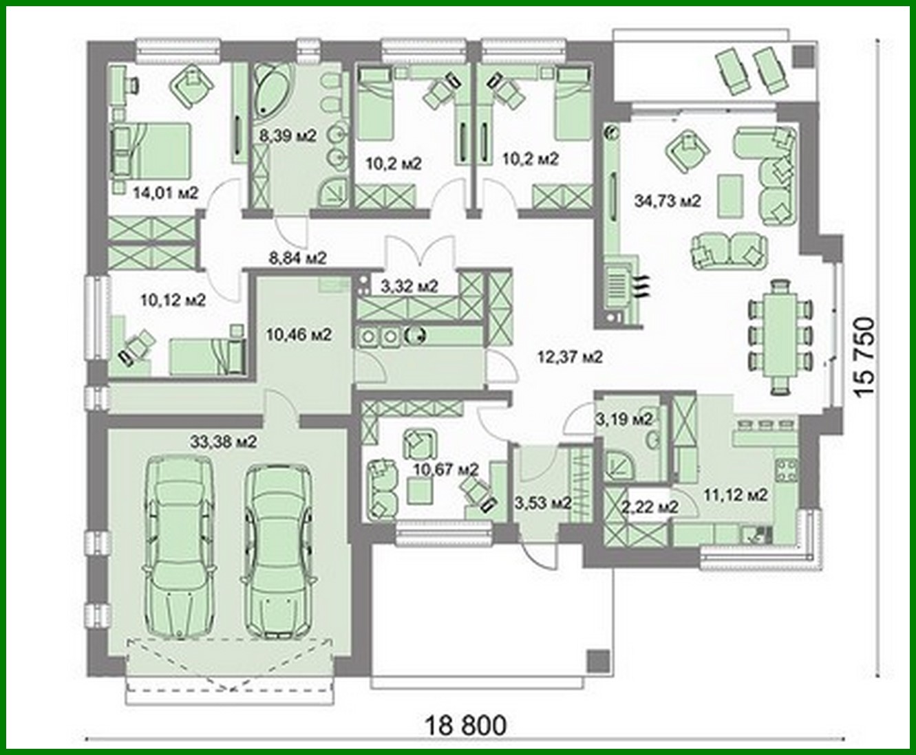 Visualization gallery - One-floor house project with four bedrooms and an office