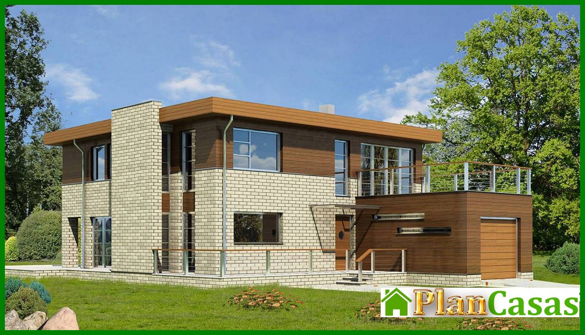 A chic house decorated with brick and wood house plan