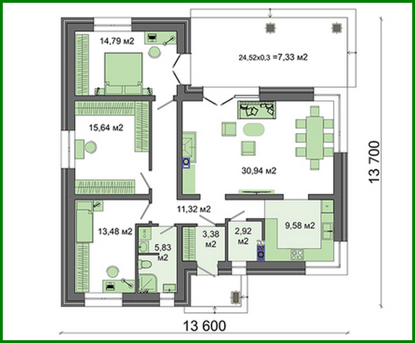 Visualization gallery - Project of a beautiful cottage decorated with bricks and two bedrooms, a large wardrobe