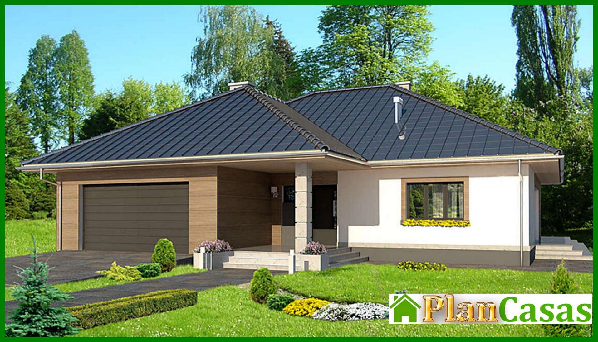 Visualization gallery - Project of a one-story cottage with an area of ​​166 square meters. m with built-in garage for 2 cars