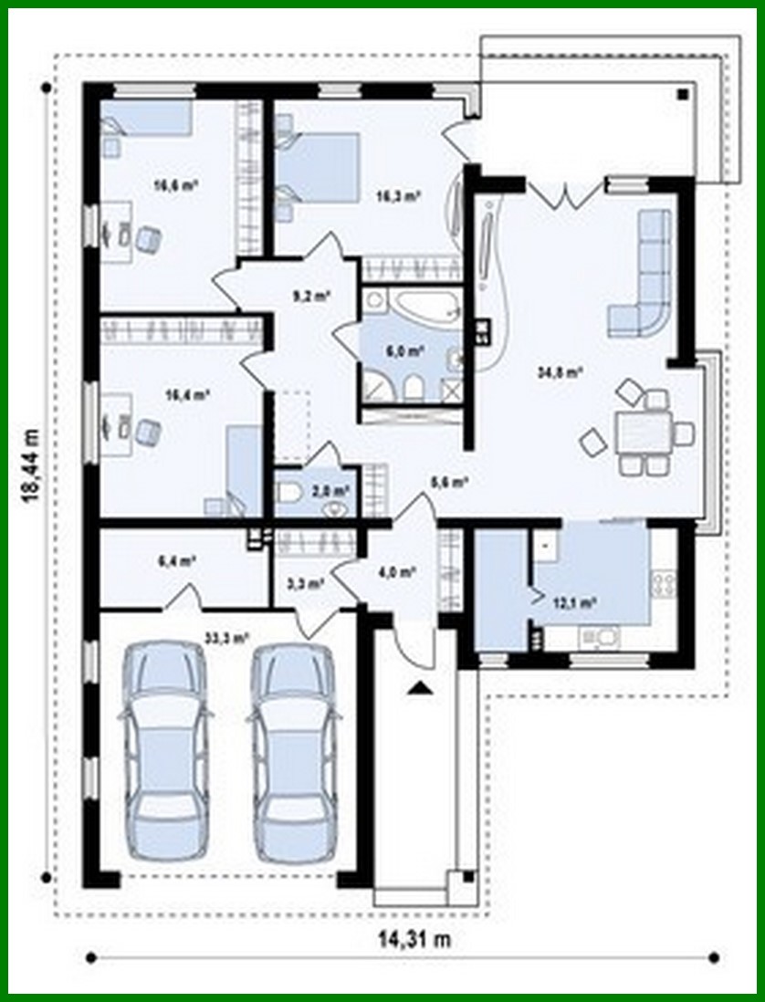 Visualization gallery - The project of a one-story cottage with a garage for two cars