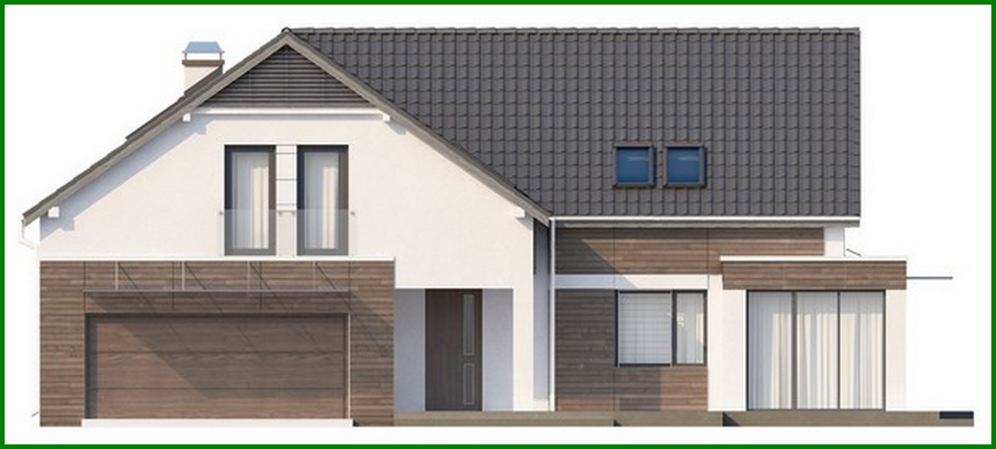 Visualization gallery - Cottage project with a garage for two cars and a corner bay window