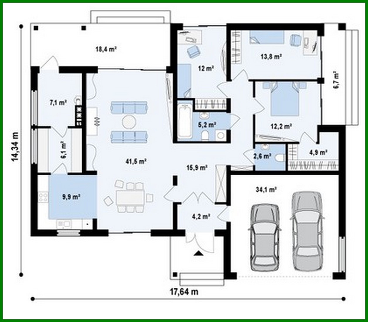 Visualization gallery - One-storey cottage project with a garage and a covered terrace