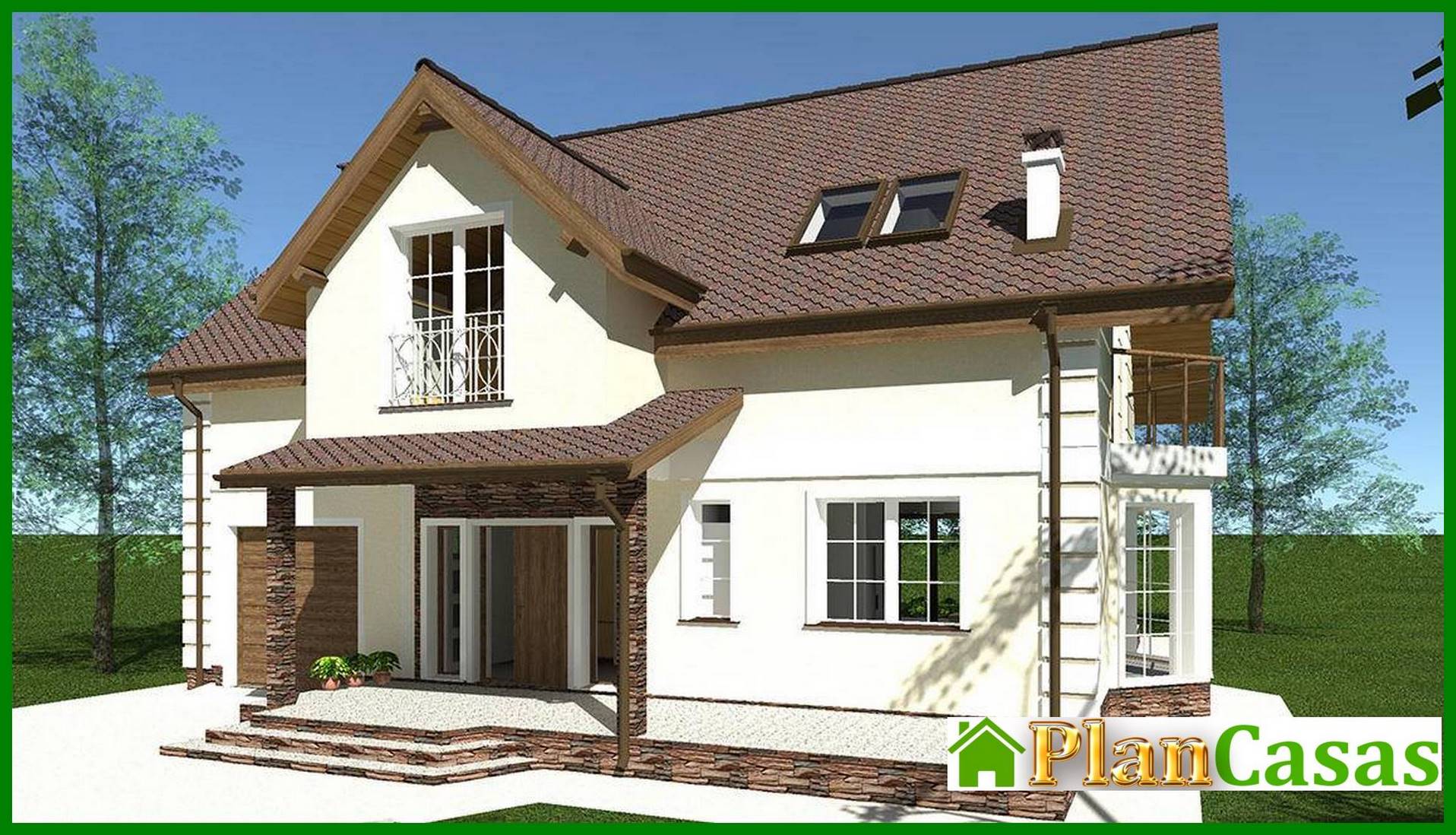 The project of a chic country house with a bay window and beautiful balconies house plan