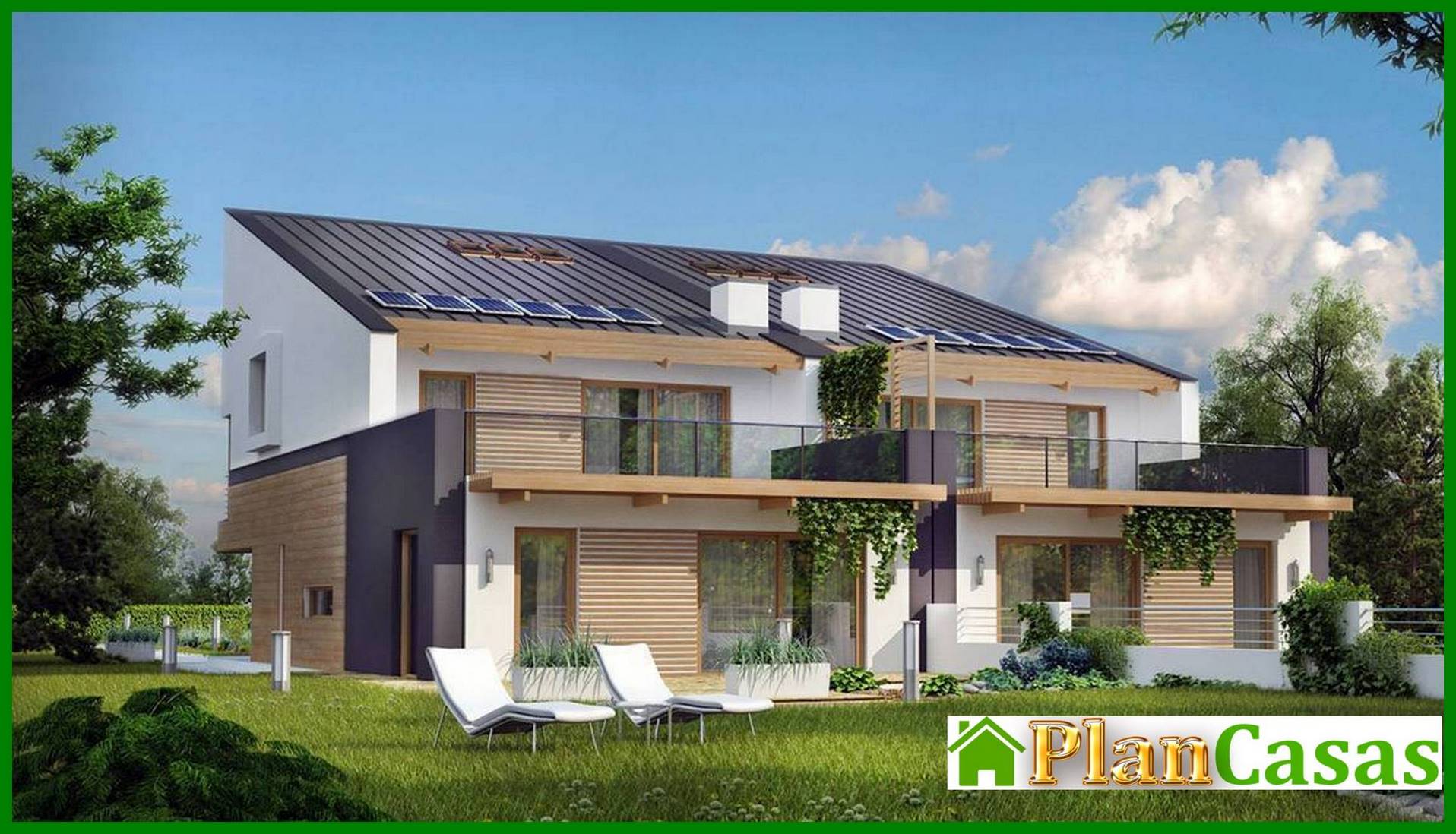 Modern stylish two-family house with spacious balconies on the second floor house plan