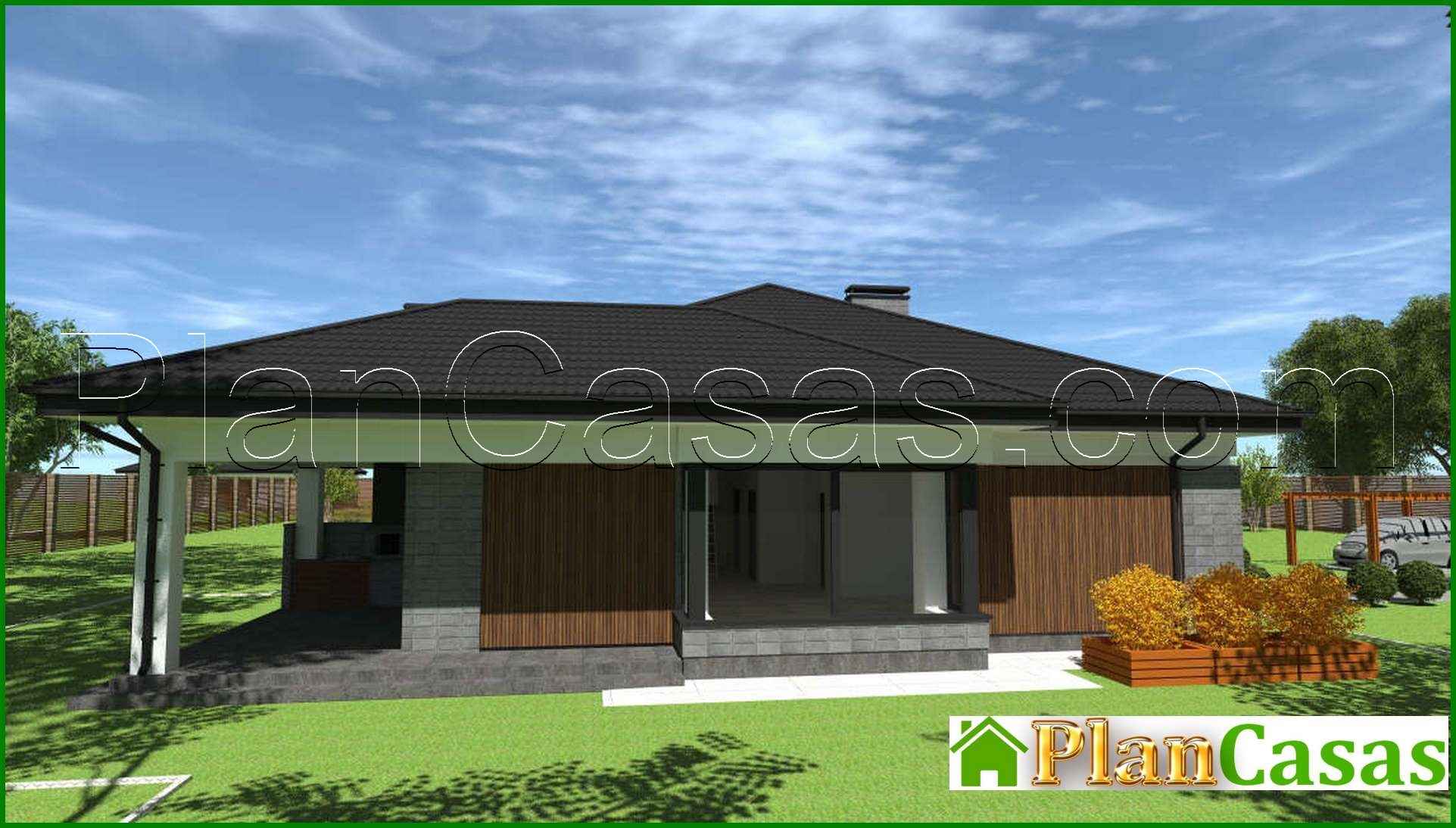 Visualization gallery - The project of a comfortable one-story house with an area of 172 sq. M. With a decor of gray stone and wooden panels