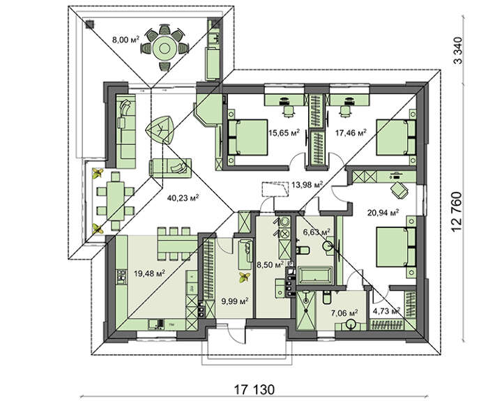 Visualization gallery - The project of a comfortable one-story house with an area of 172 sq. M. With a decor of gray stone and wooden panels