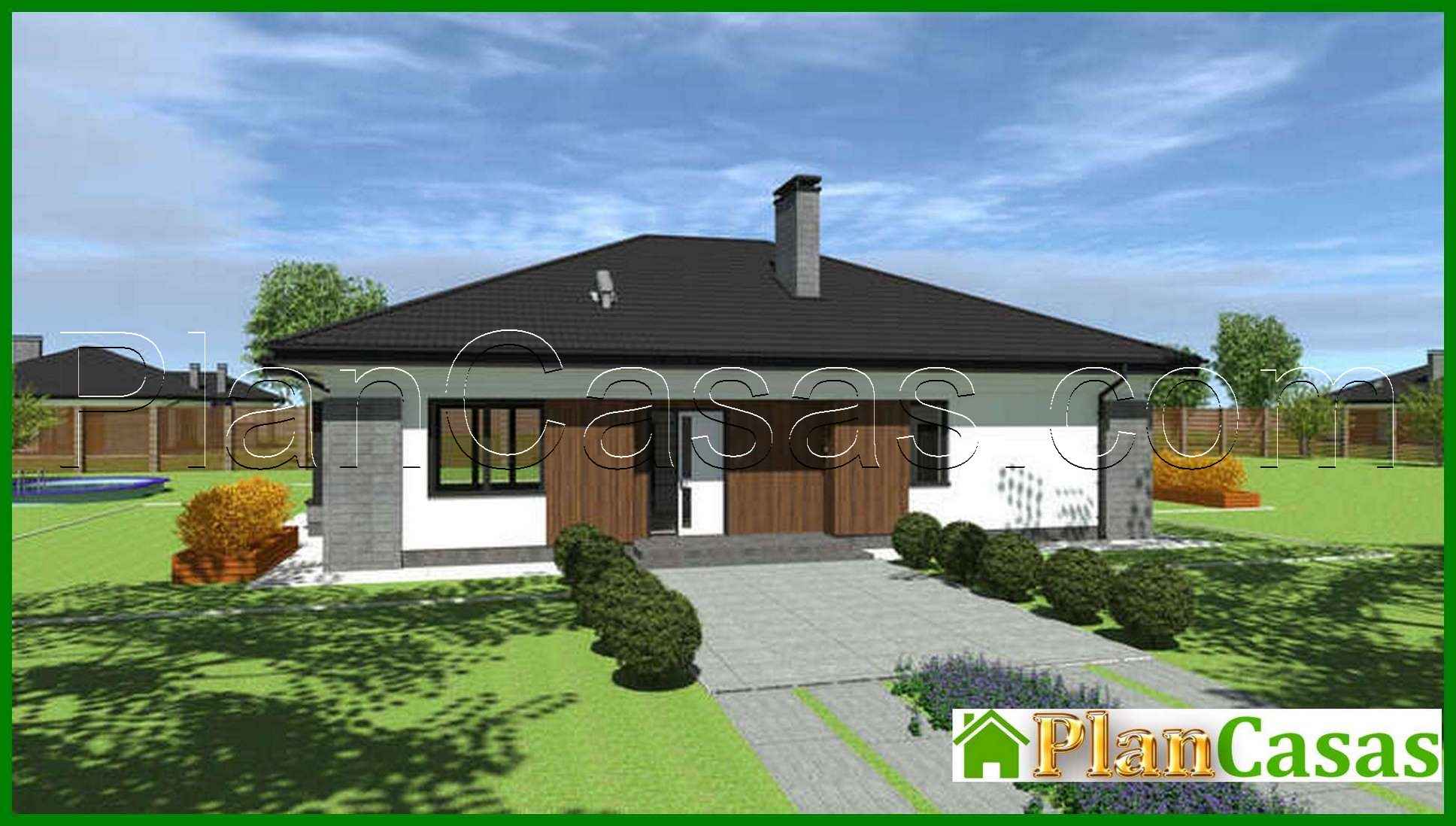 The project of a comfortable one-story house with an area of 172 sq. M. With a decor of gray stone and wooden panels house plan