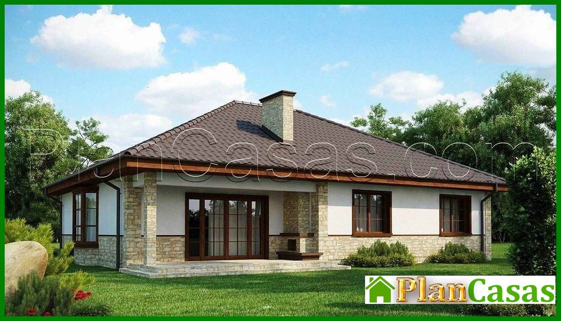 Project of a house with a multi-pitched roof, bay window and fireplace house plan
