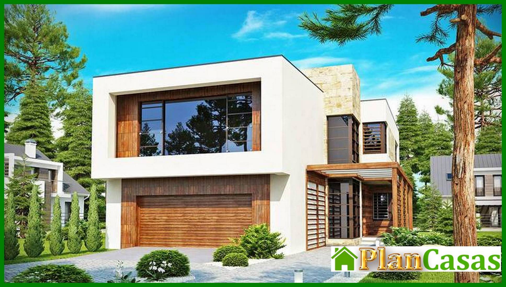 The project of a two-story modern cottage with a garage for two cars house plan