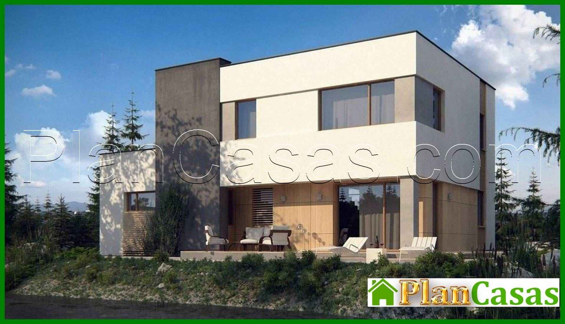 A project of a two-story modernist cottage with a garage and a terrace house plan