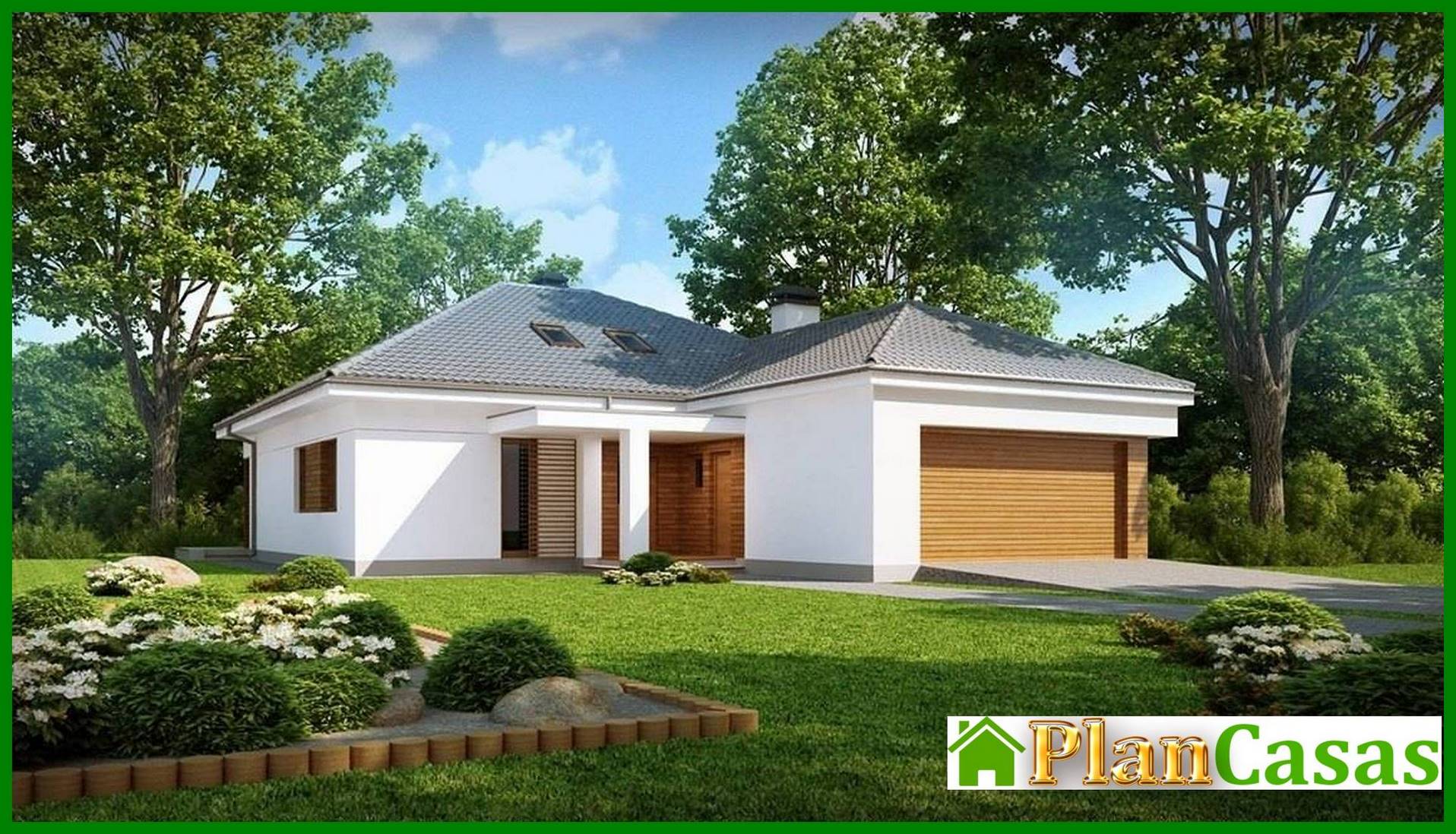 The project of a one-story classic cottage with a garage and an attic house plan