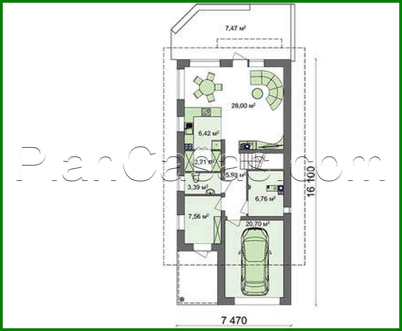 Visualization gallery - House project for a narrow plot, with a garage and a terrace above it