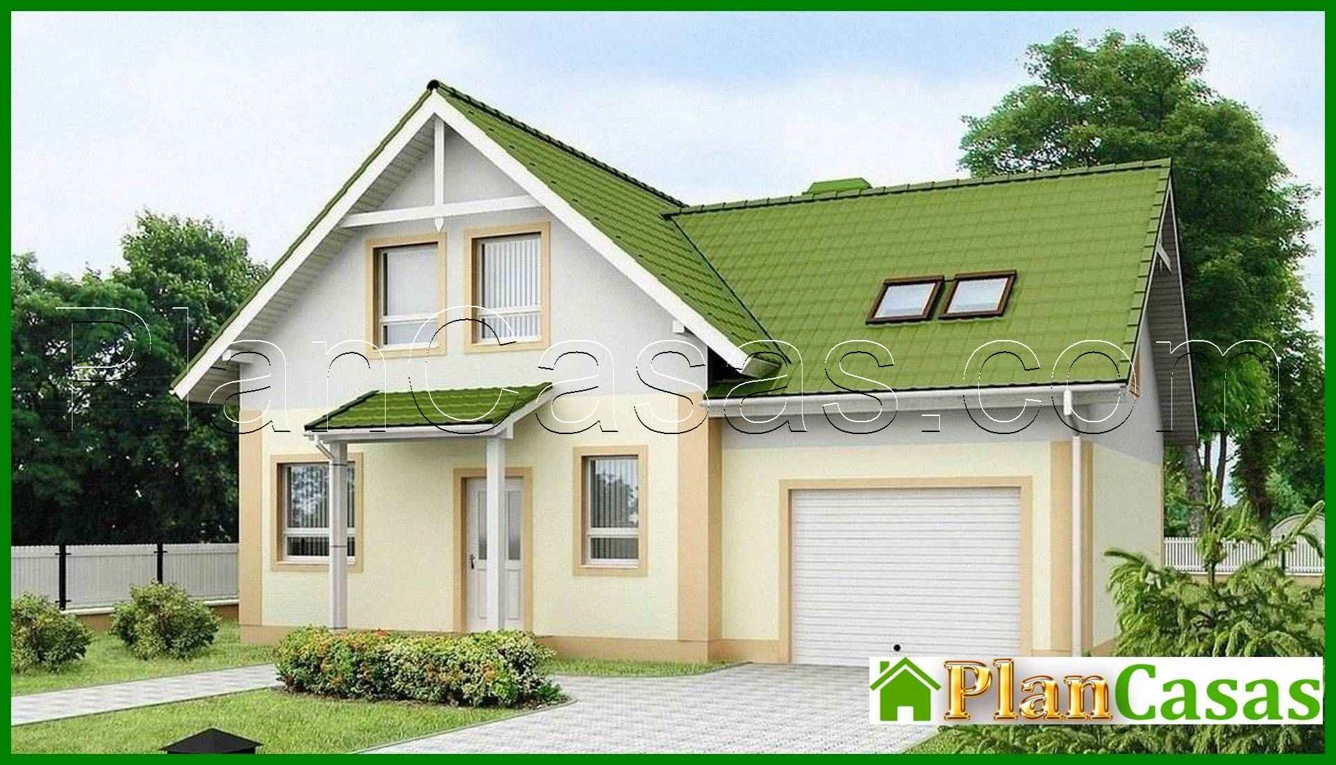 One-storey house project with attic, garage and green roof house plan