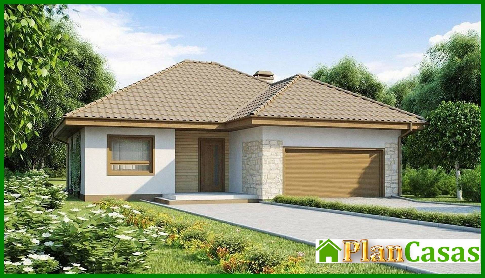 The project of a large one-story cottage with a garage for two cars house plan
