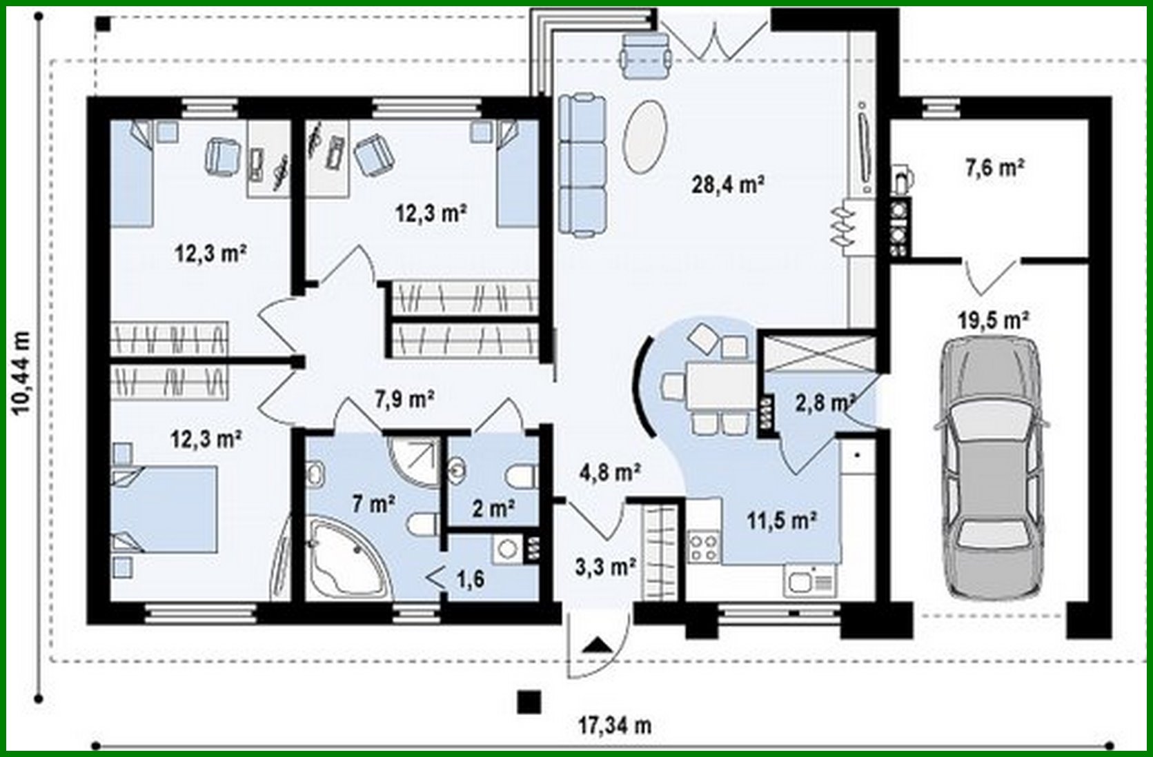 Visualization gallery - Single-storey cottage project with garage, with private area