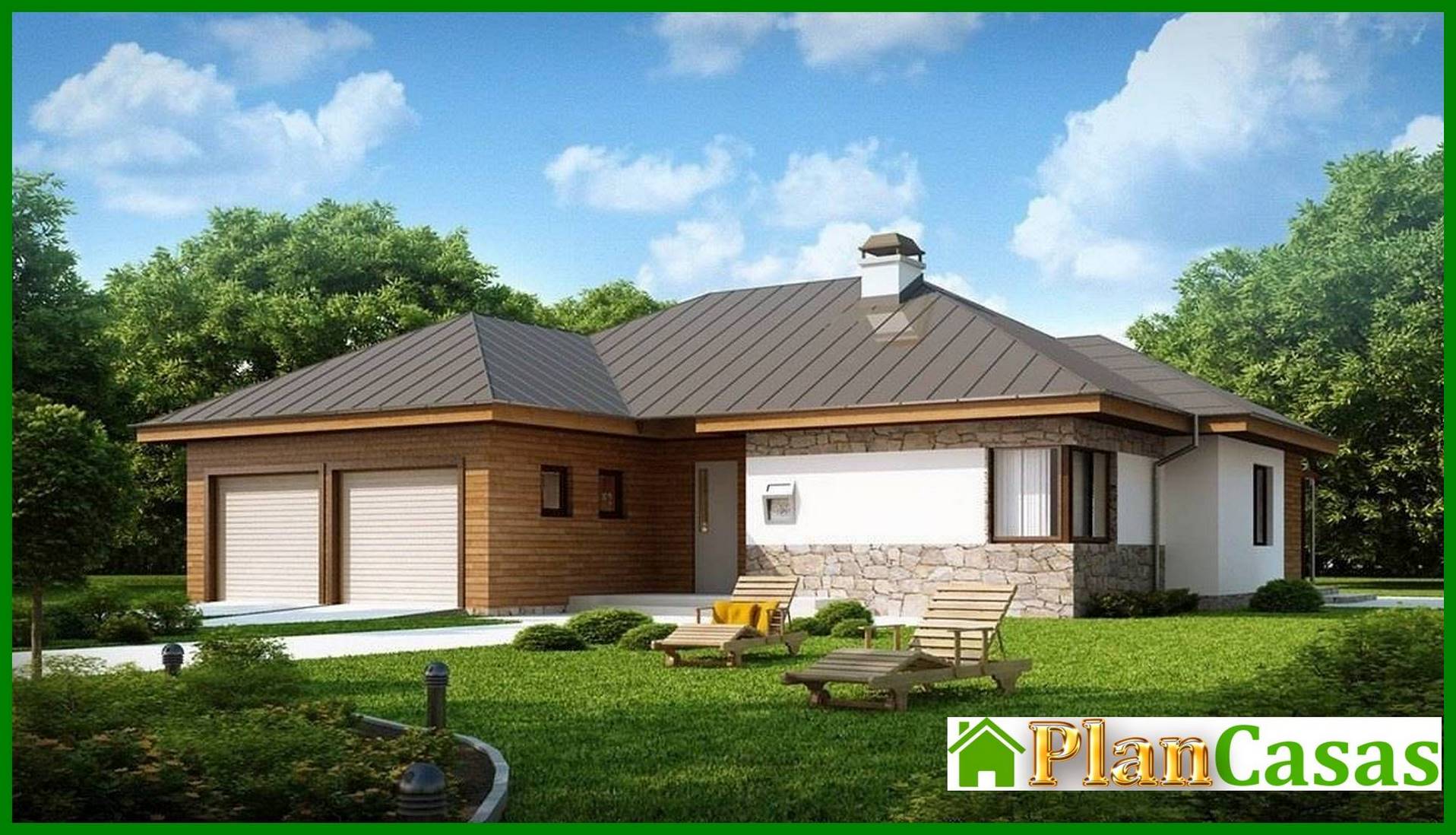 One-storey cottage project with a garage for two cars house plan