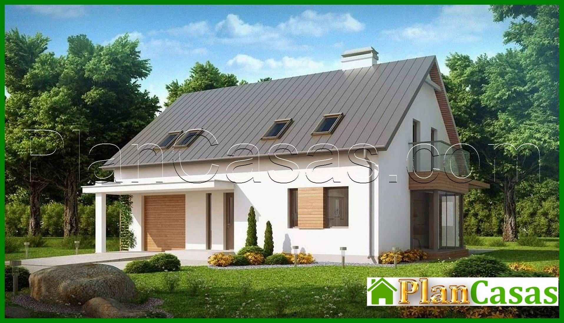 House project with attic, glass bay window and garage house plan