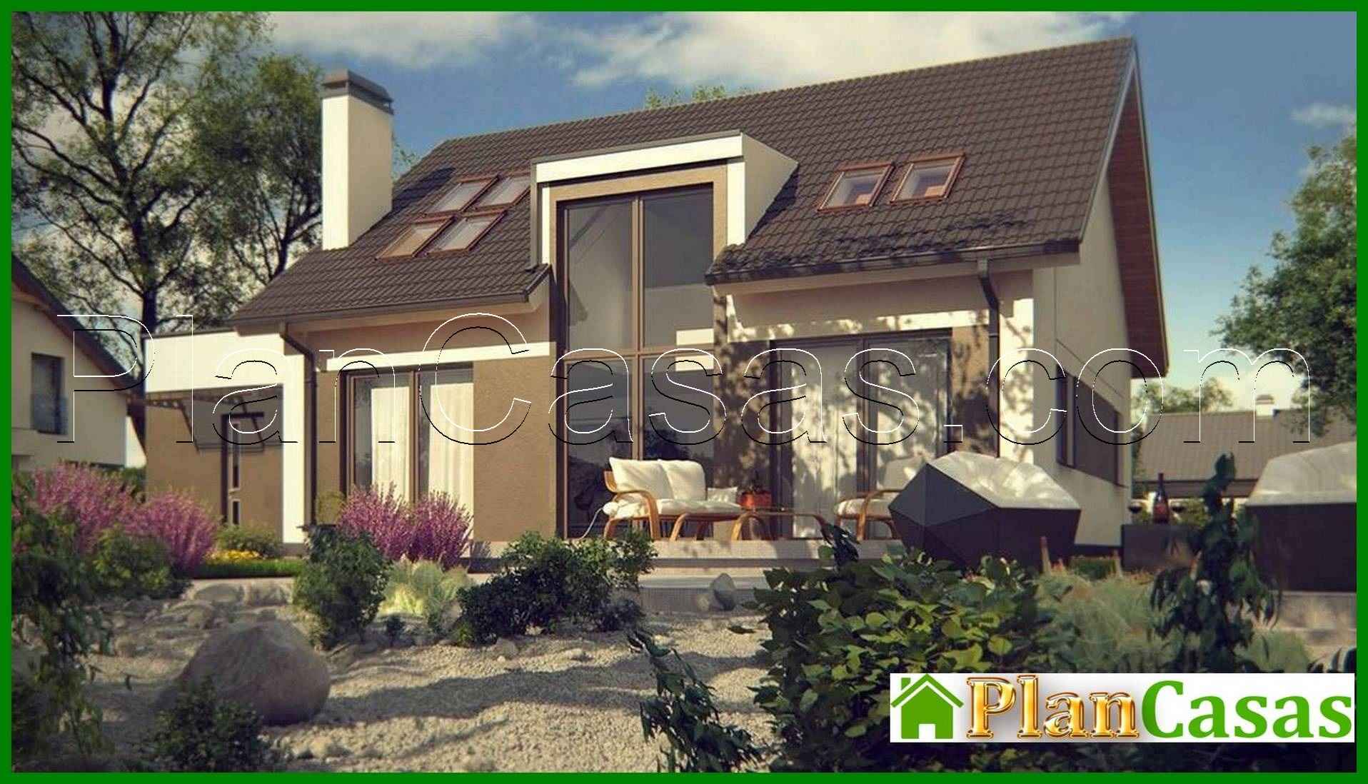 The project of a one-story house with an attic and a large front window in the living room house plan