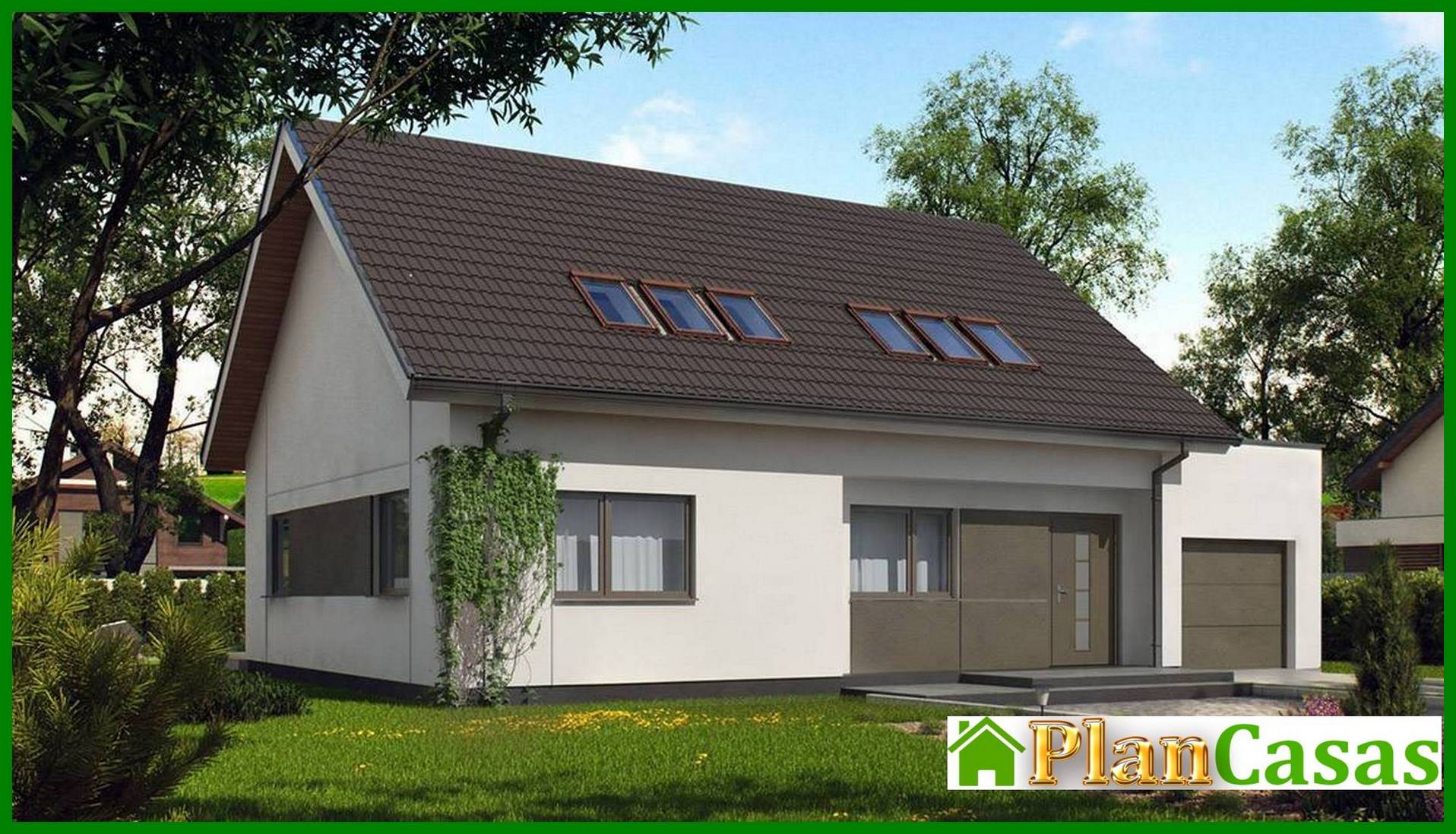 Visualization gallery - The project of a one-story house with an attic and a large front window in the living room