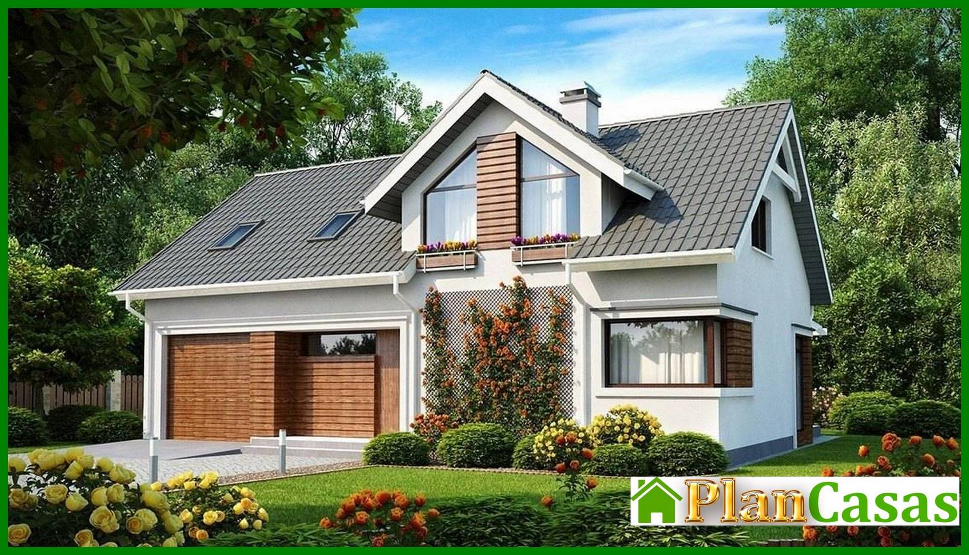 Cottage project with built-in garage and attic house plan