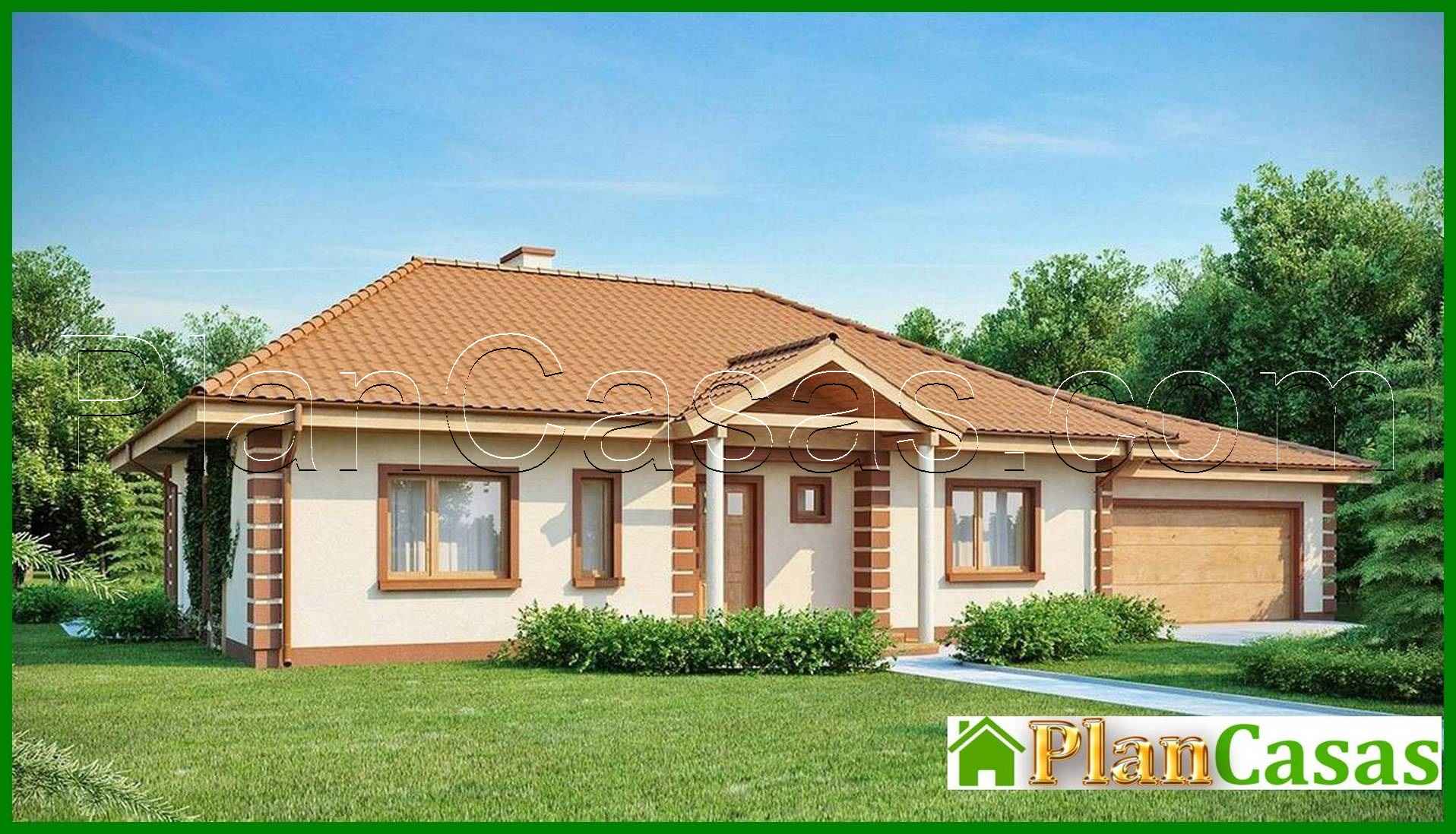 Project of a one-story house with a classic-style garage for two cars house plan