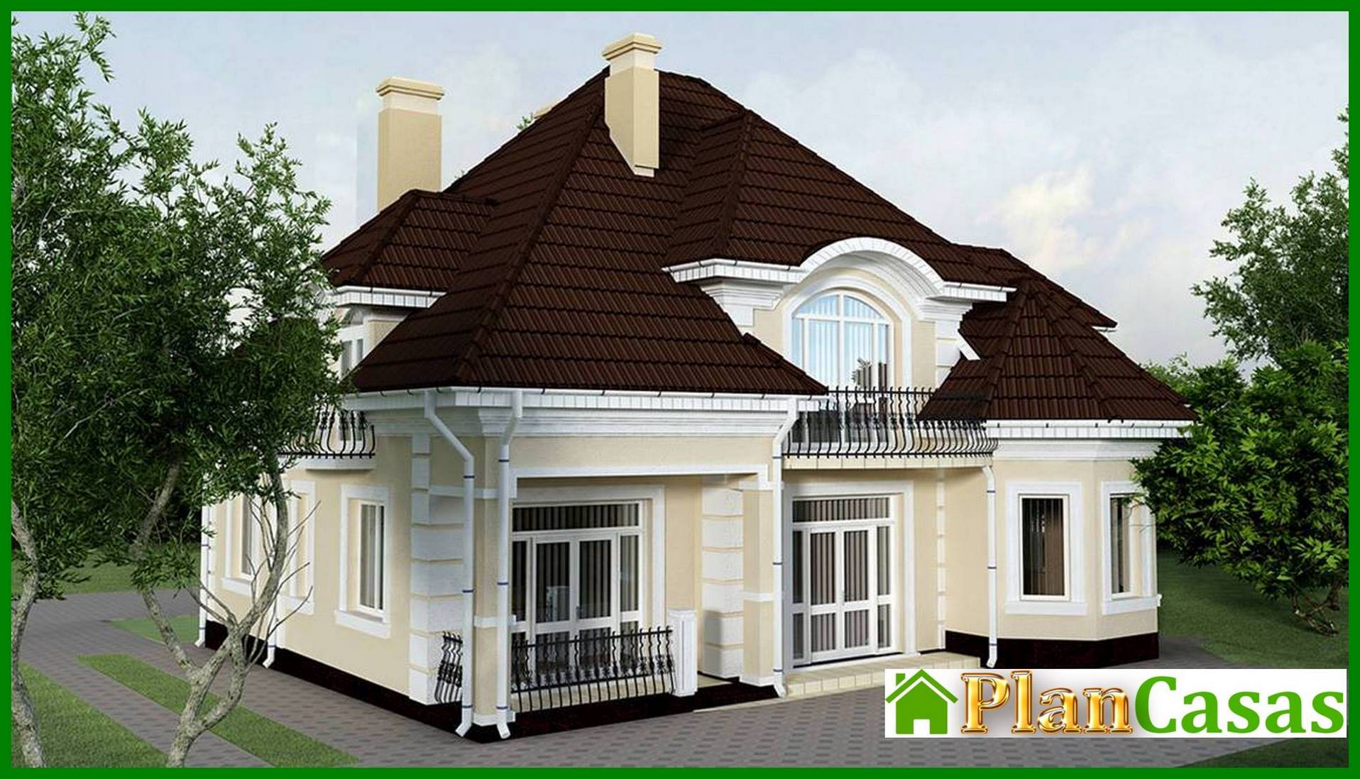 Two-story mansion with a chic staircase house plan