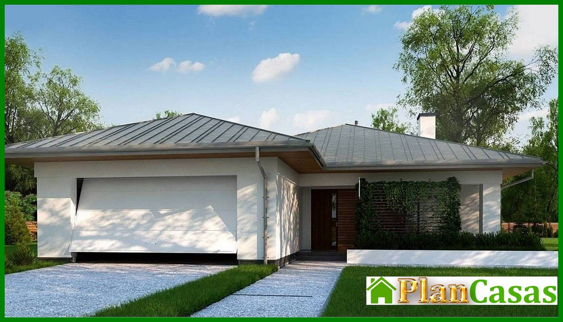 The project of a classic one-story cottage with a garage for two cars with an area of ​​up to 150 m2 house plan