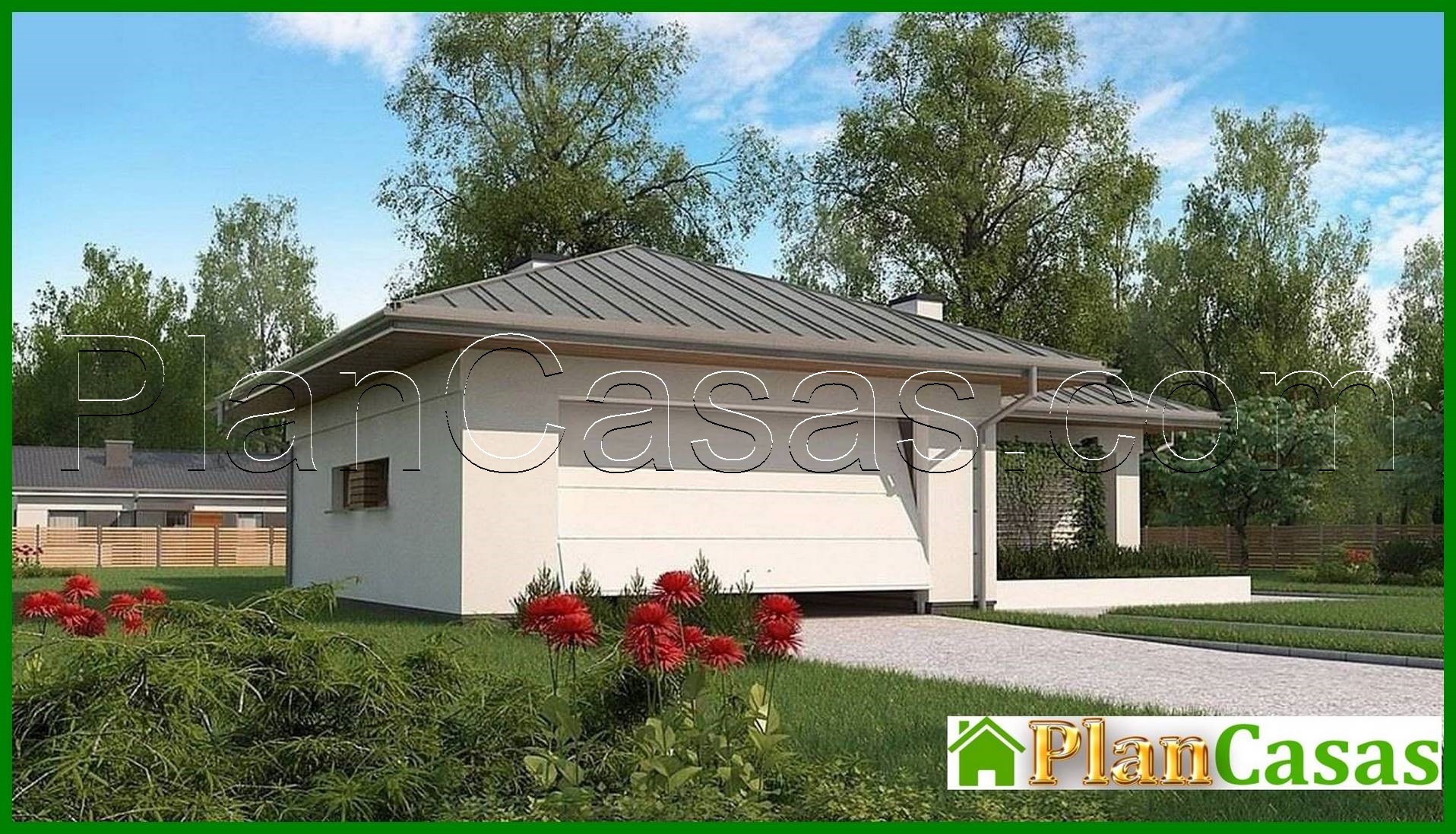 Visualization gallery - The project of a classic one-story cottage with a garage for two cars with an area of ​​up to 150 m2