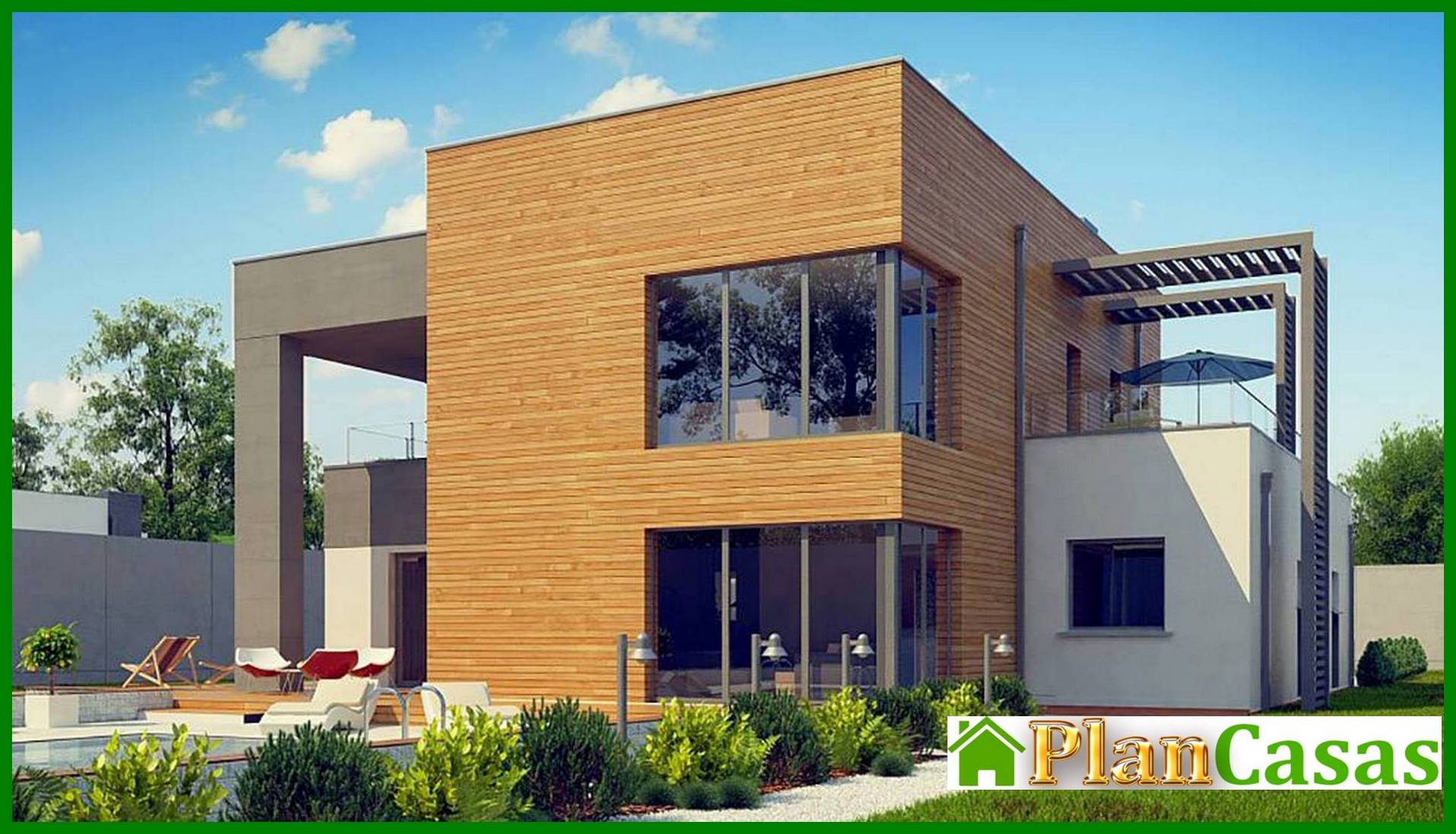 Visualization gallery - Modern two-story cottage with a flat roof with a garage for two cars