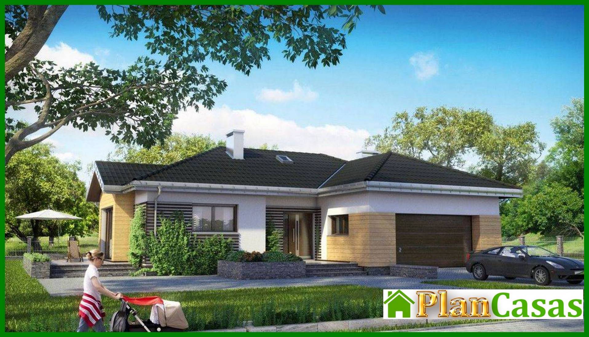 Beautiful one-story house with a garage for two cars house plan